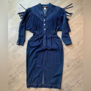 Vintage 80s Western Fringe Denim Dress Cowgirl Rodeo Festival USA Size 4